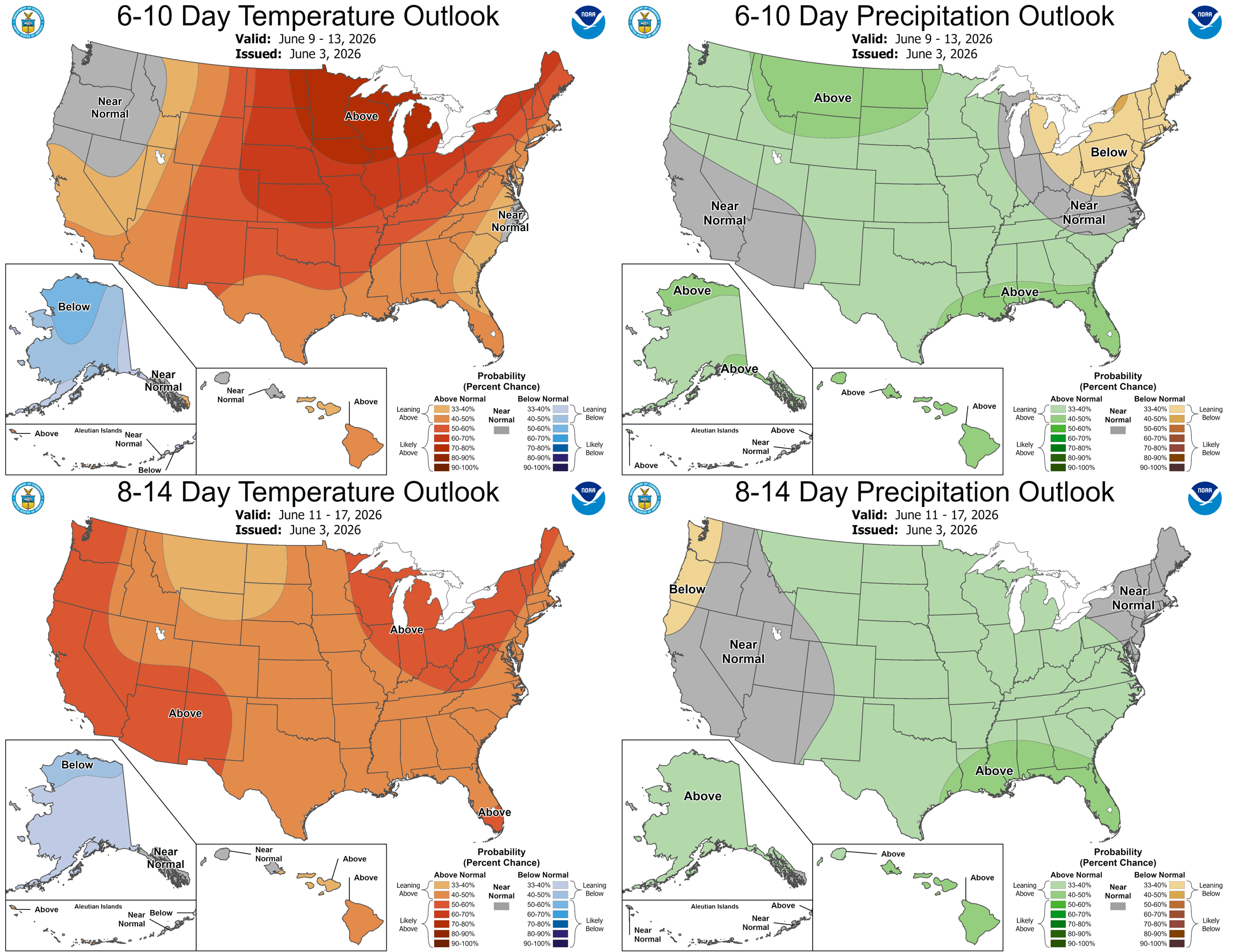 The 6-10 day (Jun 9-13, top) and 8-14 day (Jun 11-17, bottom) outlooks for temperature (left) and precipitation (right).  